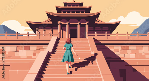 Woman Ascending Temple Stairs with Wand in Ancient Asian Setting, Symbolic Journey of Self-Discovery, Personal Growth, Architectural Exploration, Cultural Immersion, Spiritual Awakening, Calm Serene V