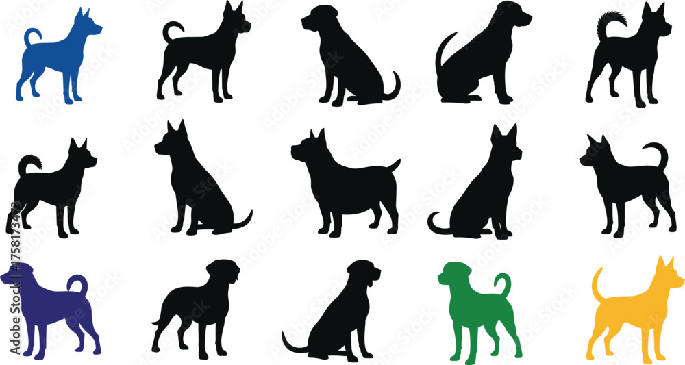 Fototapeta premium Dog Silhouette Collection Vector Art Illustrations: Diverse Poses Breed Profile in Black, Blue, Green, Yellow on White Background for Pet Lovers Graphic Design Projects Animal Mascot Creative Assets B