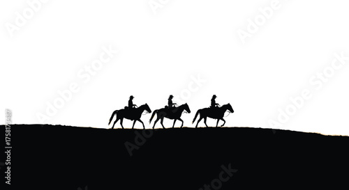 Silhouetted Riders Galloping Across Hill at Sunset: Equestrian Scene in Rural Landscape, Representing Freedom, Adventure, Western Lifestyle, and Outdoor Recreation for Travel, Tourism, and Historical
