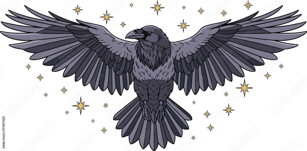Naklejka premium Majestic Raven Soaring Through a Starry Night Sky: Mystical Corvid with Open Wings Amidst Sparkling Stars, Symbolizing Wisdom, Magic, and Mysterious Omen; Ideal for Fantasy Art, Gothic Designs, Spirit