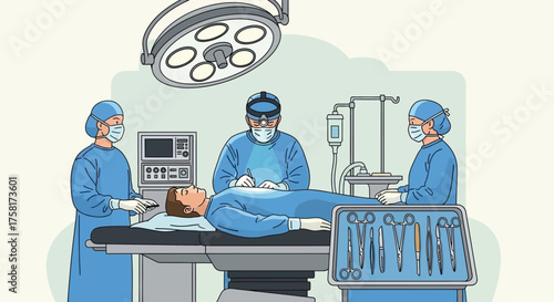 Surgical team in operation room performing procedure with sterile tools