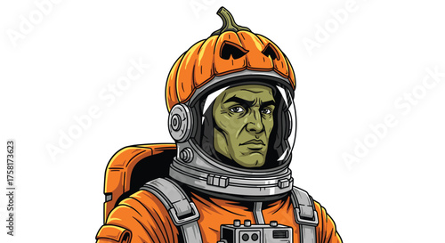Halloween Astronaut: Green-Skinned Spaceman with Pumpkin Helmet, Floating in Cosmic Void, Exploring Interstellar Space, Science Fiction Concept Art Illustration for Poster, Sci-Fi Adventure, Fantasy,