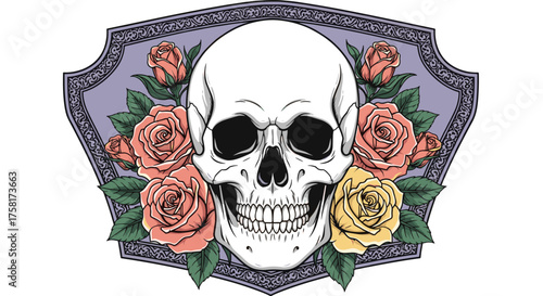 Floral Skull Graphic Illustration with Roses and Ornamental Frame for Tattoo Design, Gothic Art, Death Symbolism, Halloween Decor, Day of the Dead Design, Alternative Fashion, Horror Aesthetics,  Spir