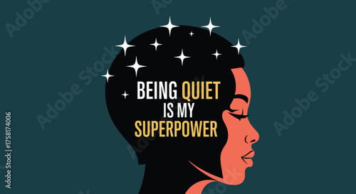 Silhouette of a Thoughtful Woman with Stars Reflecting Inner Strength and Quiet Confidence in a Modern Graphic Style, Representing Mental Wellness, Introversion, and Self-Awareness for Inspirational D