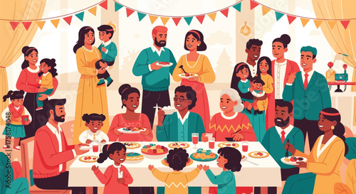 Diverse family gathers joyfully around festive table for a special occasion