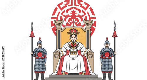 Illustrative depiction of an emperor on his throne guarded by soldiers