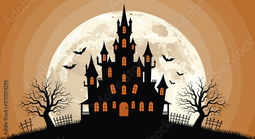 Eerie Haunted House Silhouette Against a Full Moon Backdrop on Halloween Night with Bats Flying Above, Spooky Gothic Castle, Dark Estate, Horror Theme, Creepy Scene, Graphic Design Template, Invitatio