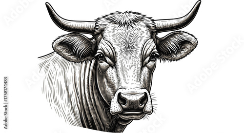 Detailed Illustration of a Majestic Angus Cow Head in Striking Black and White, Evoking Farm Freshness and Agricultural Heritage, Perfect for Livestock Marketing, Dairy Industry Branding, Natural Food
