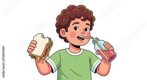 Young Boy Enjoying Lunch with Sandwich and Juice Drink in Bright Cartoon Style, Perfect for Children's Education Material, Healthy Eating Campaign, School Presentation, Kid's Menu, Nutrition Illustrat