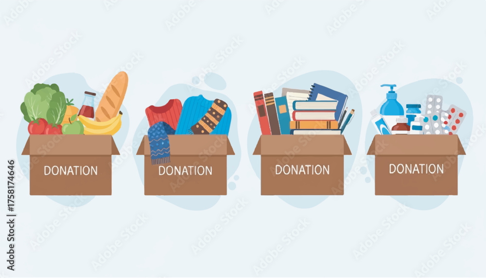 Φωτογραφία Charity donation boxes with food, clothing, education supplies, and medical item