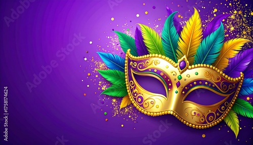 Ornate golden mask adorned with vibrant feathers and sparkling confetti, set against a deep purple background.