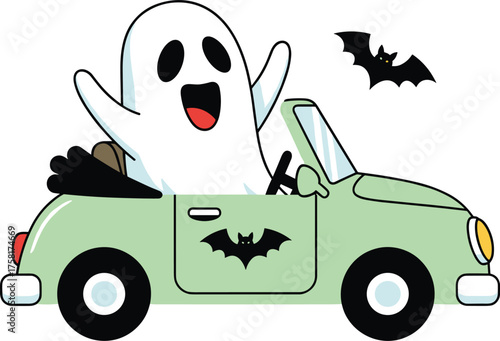Whimsical Ghost Joyriding in a Spooky Green Convertible Car on a Halloween Adventure with a Bat Friend, Celebrating Autumn Holiday Spirit in a Cartoon Style, Perfect for Seasonal Illustrations and Fes