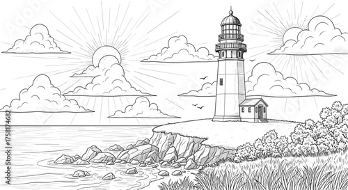 Seaside Lighthouse Illustration at Sunrise: Coastal Landscape with Tower and Cliffs, Maritime Scenery for Travel, Tourism and Nautical Themes, Nature, Ocean, Sketch, Coloring Book, Artistic Graphic D