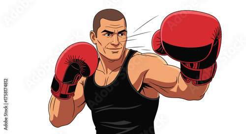 Strong Boxer Delivering Powerful Punches in Boxing Ring Illustration Style: Muscular Athlete in Combat Stance, Fitness Training, Sports Competition, Martial Arts, Self Defense, Graphic Design, Vector