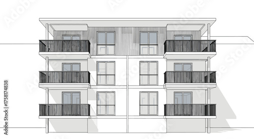Modern Apartment Building Exterior Architecture with Balconies in Urban Setting, Minimalist Design, Residential Development Project for Real Estate Investment and Urban Living, Three-Story Facade in N