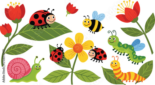 Delightful Garden Friends Illustration Featuring Ladybugs, Bumblebee, Caterpillars, and a Snail Amidst Vibrant Flowers and Greenery, Perfect for Children's Books, Educational Materials, and Springtime