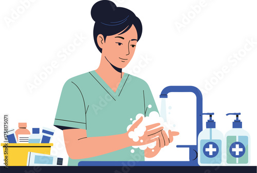Dedicated Healthcare Worker Washing Hands at Sink with Soap for Infection Control in Modern Hospital Environment, Promoting Cleanliness and Hygiene, Prevention for Medical Safety and Wellness, Vector
