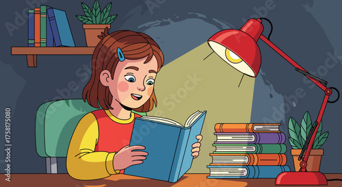 Young Girl Reading Book Under Lamp at Desk in Bedroom at Night, Student Studying, Learning, Homework, Education, Child Development, Illustration, Colorful, Cartoon, Cozy, Dreamy, Bright, School, Readi