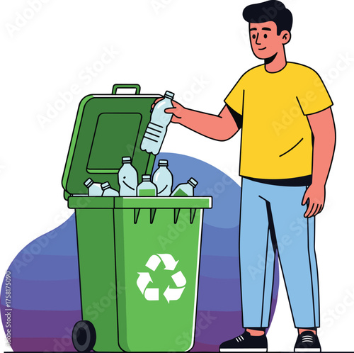 Man Disposing of Plastic Bottles in Recycling Bin Outdoors – Environmental Conservation, Waste Management, Sustainability, Ecology, Green Living, Responsibility, Eco-Friendly, Awareness Campaign, Clea