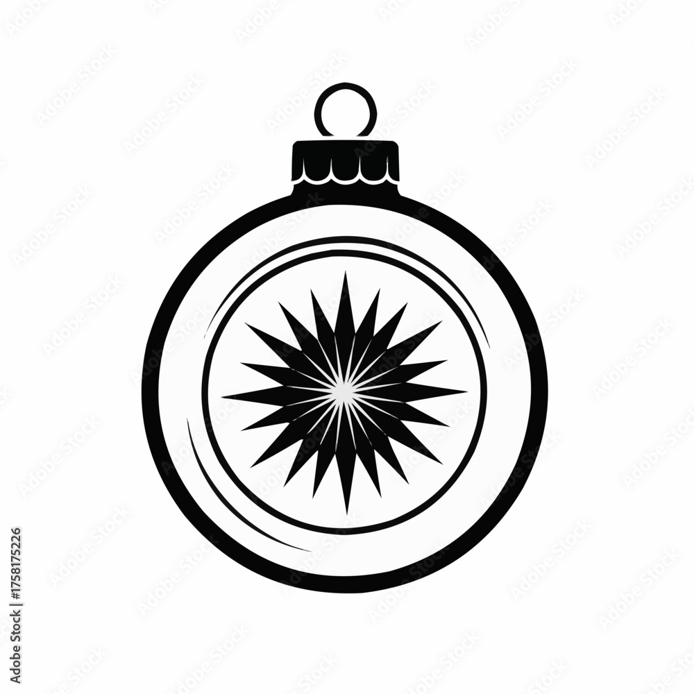 Fototapeta premium Minimalist black and white Christmas ornament with geometric starburst design, modern holiday vector illustration