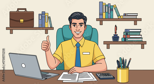 Smiling Professional Office Worker Giving Thumbs Up at Desk with Laptop, Calculator, and Documents in Workplace Environment, Cartoon Illustration for Business Presentation, Financial Report, Modern Em