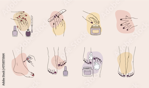 Manicure and Pedicure process outline vector icon set for beauty salon and spa services