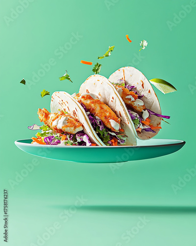 Flying tacos with shrimp and vegetables on a plate