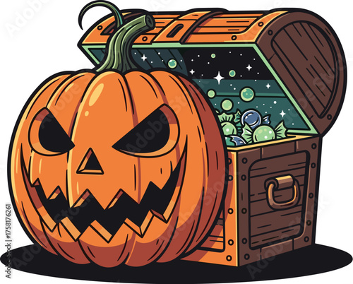 Halloween Jack-o'-Lantern with Open Treasure Chest Overflowing with Candy, Trick-or-Treat Loot Illustration for Holiday Celebration, Party Invitation, Poster Design, Spooky Decoration, Graphic Resourc