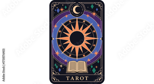Mystical Tarot Card Illustration Featuring Celestial Sun and Moon in Cosmic Setting for Esoteric Guidance, Spiritual Readings and Occult Practices, Vintage Art Style for Fortune Telling Designs and Di