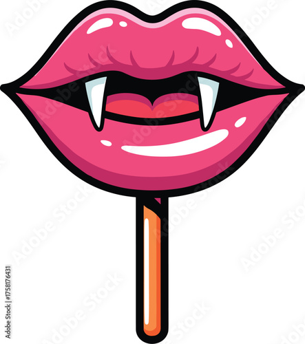 Vampire Lips Lollipop Sucking: Halloween Treat with Candy Fangs, Spooky Party Favor, Horror Theme, Glossy Pink Mouth, Cartoon Style, Trick or Treat Season, Sweet Snack, Creepy Design, Cute, Halloween