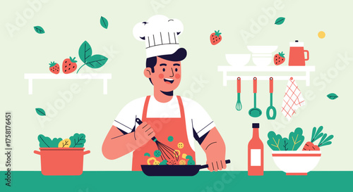 Cheerful Chef Cooking Fresh Vegetables in Kitchen Interior - Wholesome Meal Preparation, Healthy Eating Lifestyle, Culinary Arts Illustration, Food Blog Visual, Recipe Design, Modern Graphic Style, Ha