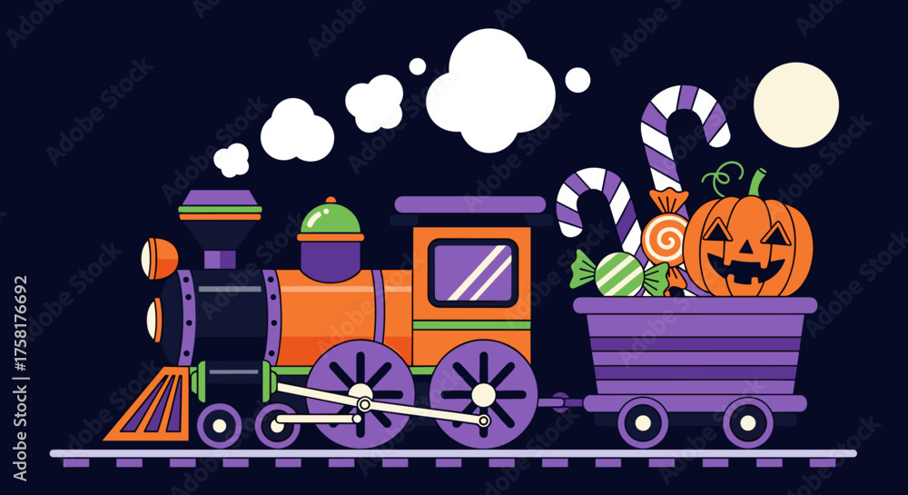 Obraz premium Halloween Express Train Transporting Candy & Pumpkin Treats on Tracks in a Nighttime Setting Illustration for Holiday Celebrations, Trick or Treat Festivities, Vector Graphic for Children's Designs &