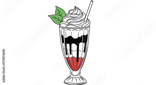 Refreshing Milkshake Indulgence with Chocolate Drizzle and Mint Leaves in a Tall Glass, Perfect for a Summer Treat, Dessert Menu Illustration, Sweet Indulgence, Culinary Presentation, Restaurant, Cafe