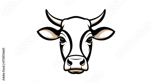 Detailed Cow Portrait Illustration Staring Ahead with Sharp Horns, Tan Accents and Strong Black Outline, Farm Animal Mascot Logo for Agriculture Business or Food Industry Marketing, Veterinary, Modern