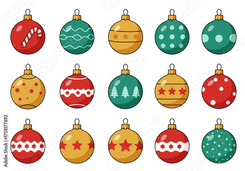 Collection of Colorful Cartoon Christmas Ornaments with Various Designs.