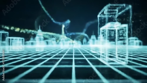 Abstract futuristic city grid with buildings and digital elements