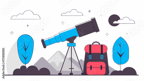 Inspiring stargazing adventure awaits under moonlight with telescope and backpack, perfect for educational materials and travel guides, vector design