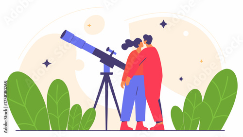 Romantic couple stargazing together with a telescope, enjoying the night sky and celestial wonders, perfect for astronomy, love, and connection concepts