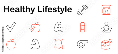 Healthy lifestyle set icon. Dumbbell, scale, apple, bottle, muscle, yoga, whistle, checkmark, waist, fit body, workout, strength, nutrition, energy, balance.