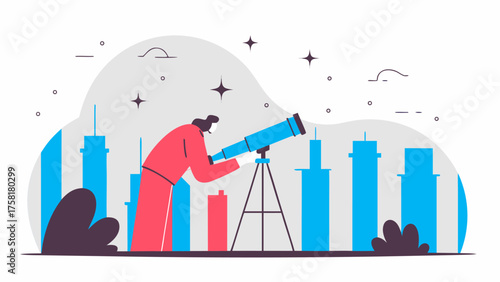 Look to the future, woman using telescope in city, searching for opportunity, business vision and strategy, planning, dreams, exploring, discovery