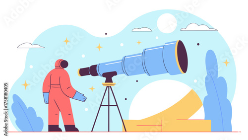 Astronaut exploring universe with telescope, vector illustration perfect for space exploration education, science projects, and astronomy themed designs