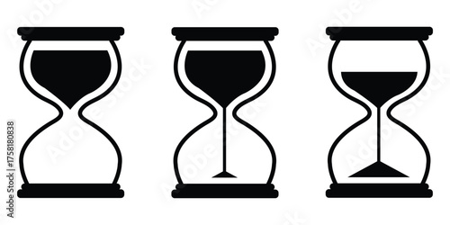 set of sand clock illustrations with varying frames and sand amounts. Hourglass shapes in multiple variations. Vector icon set of hourglasses with falling sand