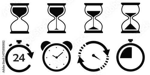 Set of colorful hourglasses vector icons. Sandglass timer symbol for passage of time, deadline, and countdown. Simple flat cartoon illustration of sand clock collection