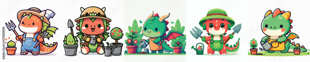 Naklejka premium Cute Gardening Dragon Characters Kawaii Cartoon Reptile Planting Flowers, Kids Vector Illustration
