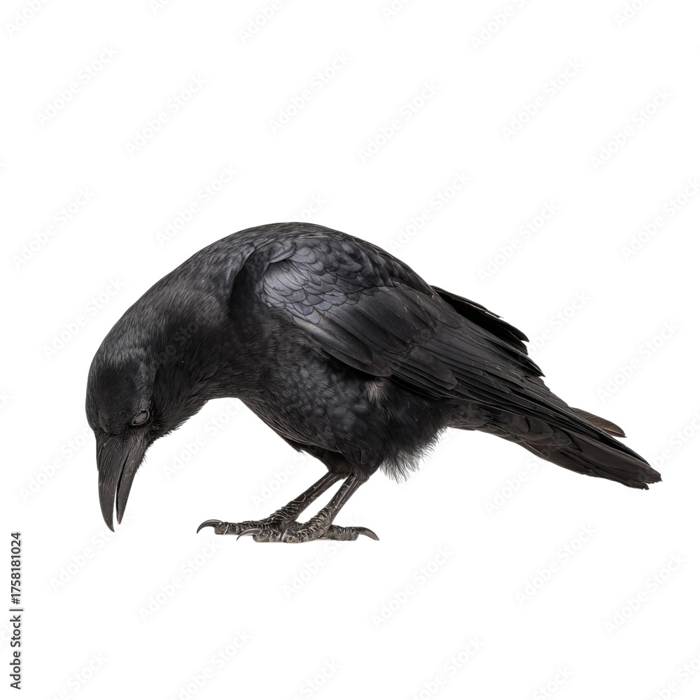 Fototapeta premium Png of a crow is looking down isolated on transparent background, a black bird with a shiny coat of feathers