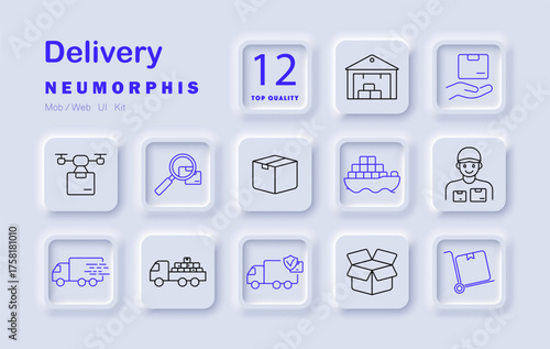 Delivery set icon. Drone, warehouse, parcel, courier, box, shipping, cargo, search, cart, open package, truck, container fast logistics system with transport, control, staff, air freight.