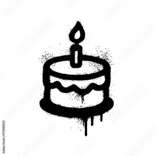 Illustration of a birthday cake with black graffiti here