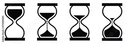 set of sand clock illustrations with varying frames and sand amounts. Hourglass shapes in multiple variations. Vector icon set of hourglasses with falling sand
