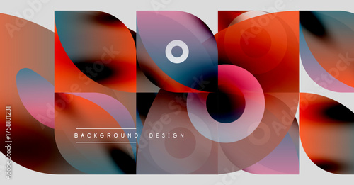 Abstract geometric shapes, vibrant colors, modern design. Overlapping forms create dynamic visual texture. Background elements suggest fluidity.