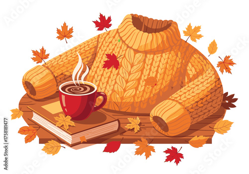 A warm and cozy autumn still life with a cable-knit sweater, a hot beverage, a book, and colorful fall leaves on a white background.